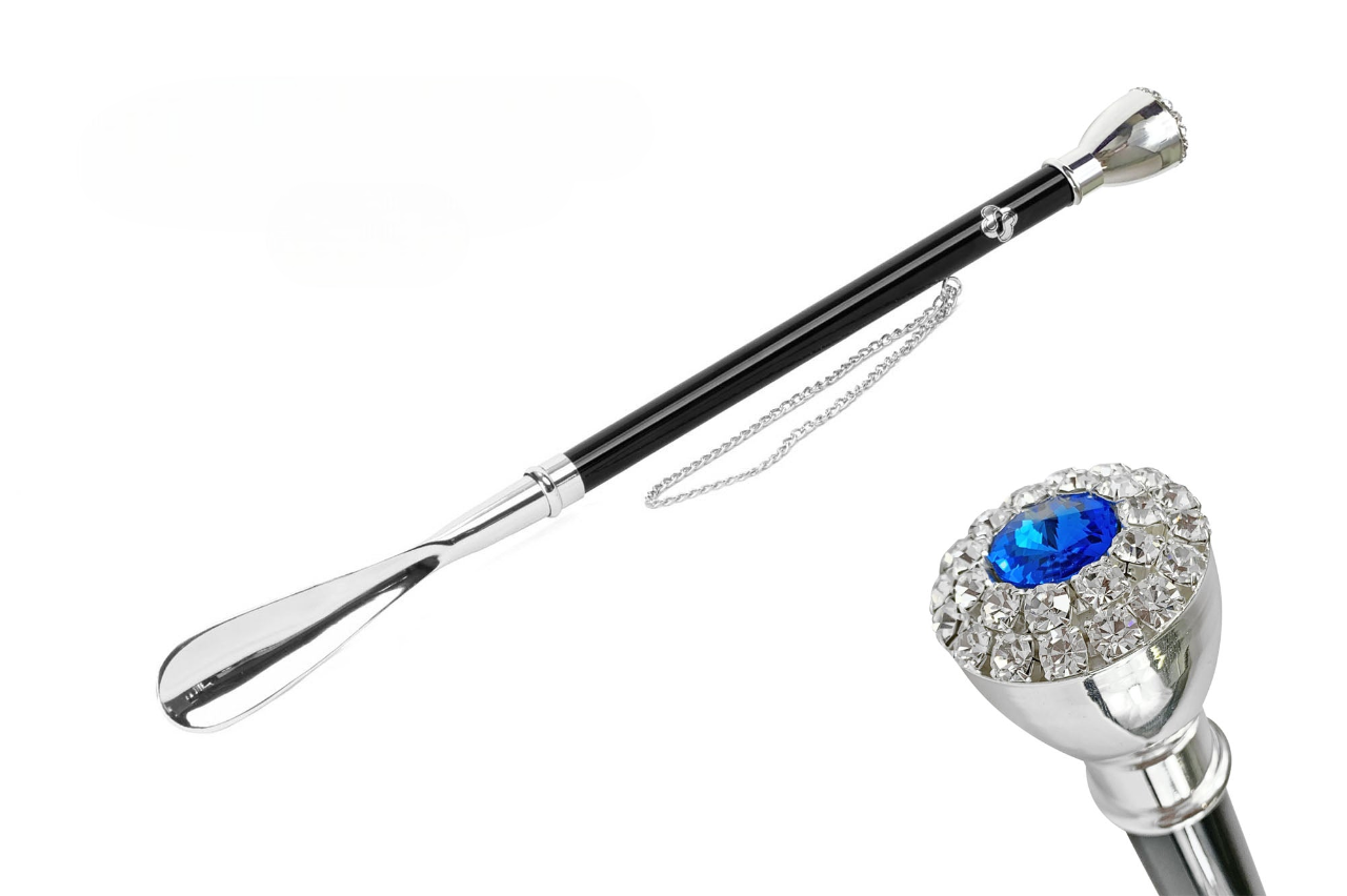 Silver Plated Shoehorn – Handcrafted Italian Long Handled Shoe Horn with Crystals