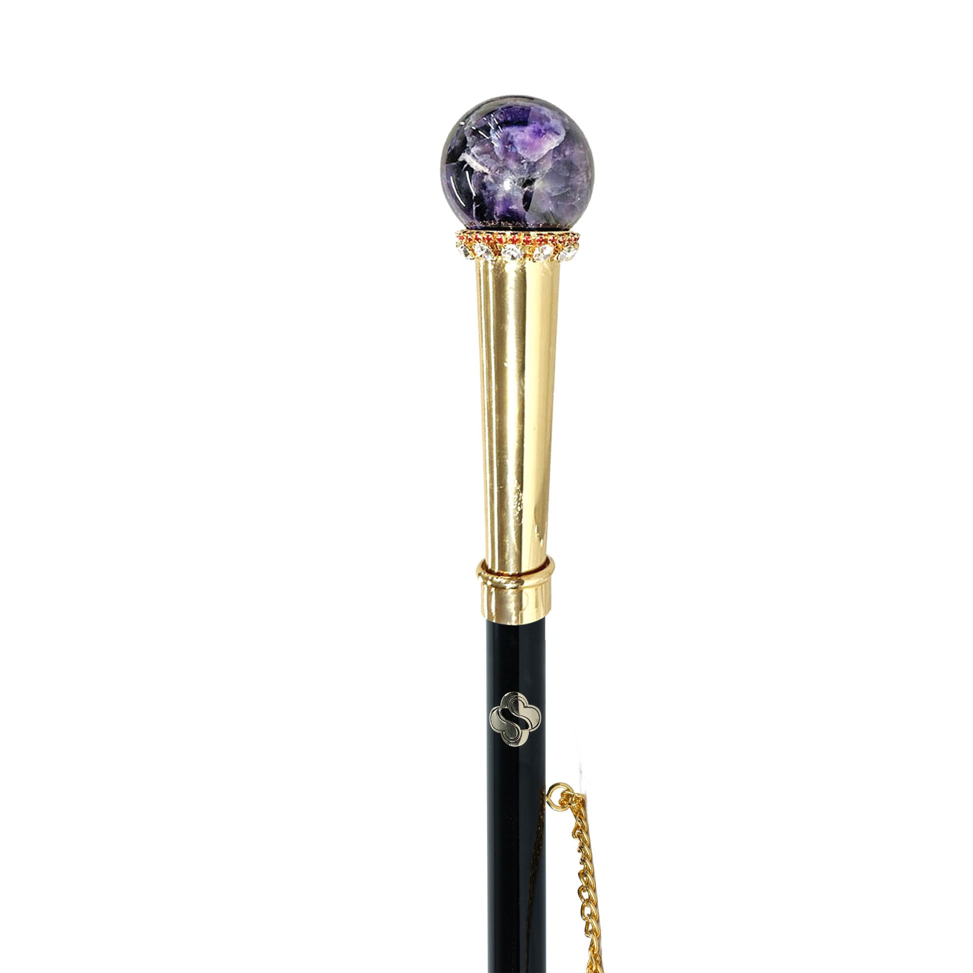 Handcrafted amethyst shoehorn with a long gold-plated handle and crystal sphere by Ilmarchesato, showcasing elegant design.