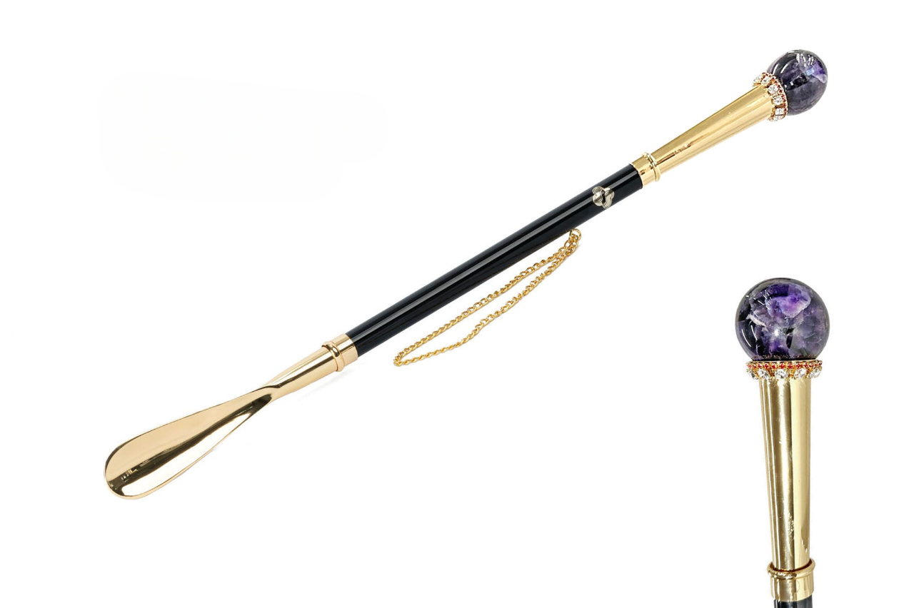 Handcrafted amethyst shoehorn with 24K gold plated long handle and crystal sphere, designed for elegant shoe dressing.