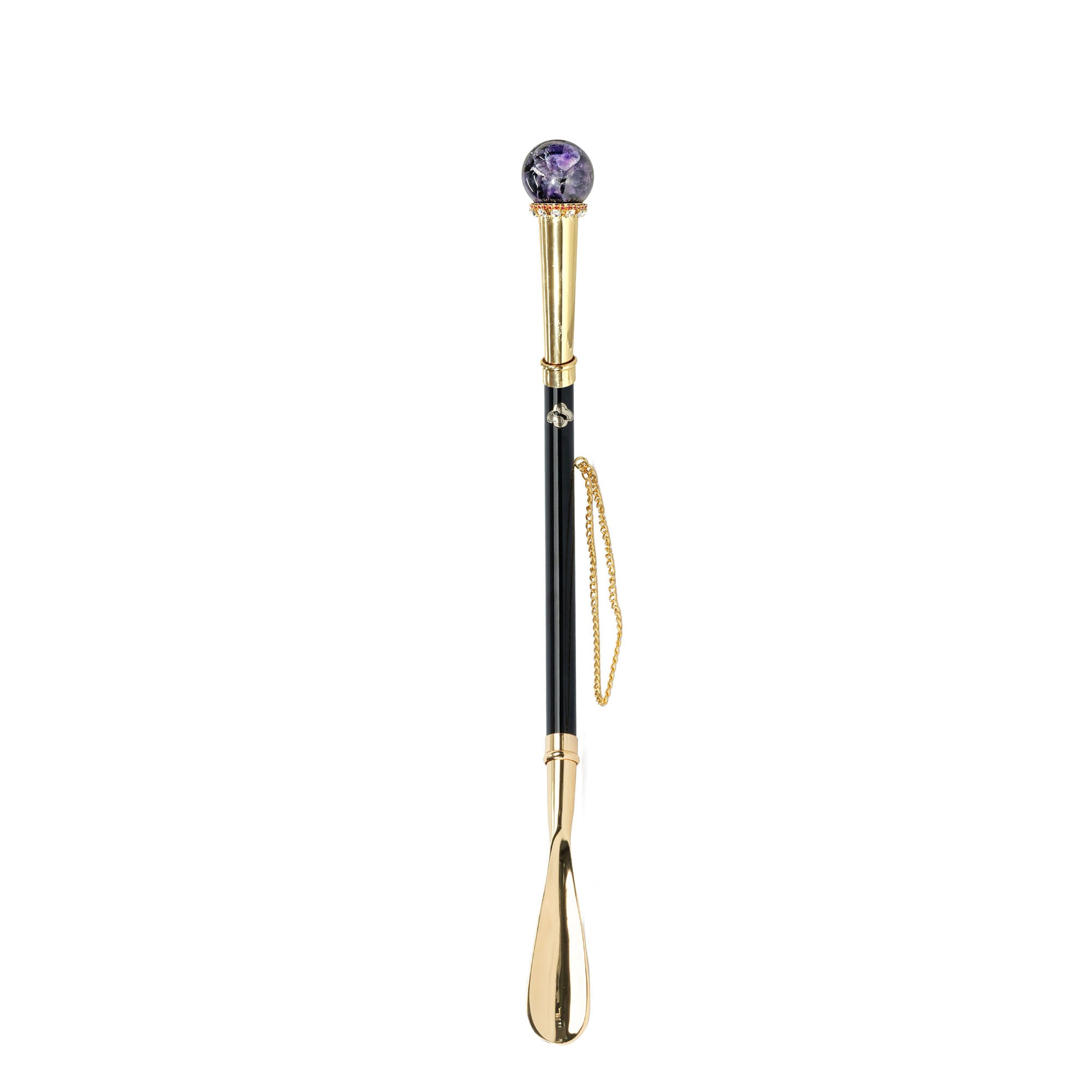 Handcrafted amethyst shoehorn with 24K gold plating, long handle, and crystal sphere, designed by Ilmarchesato.