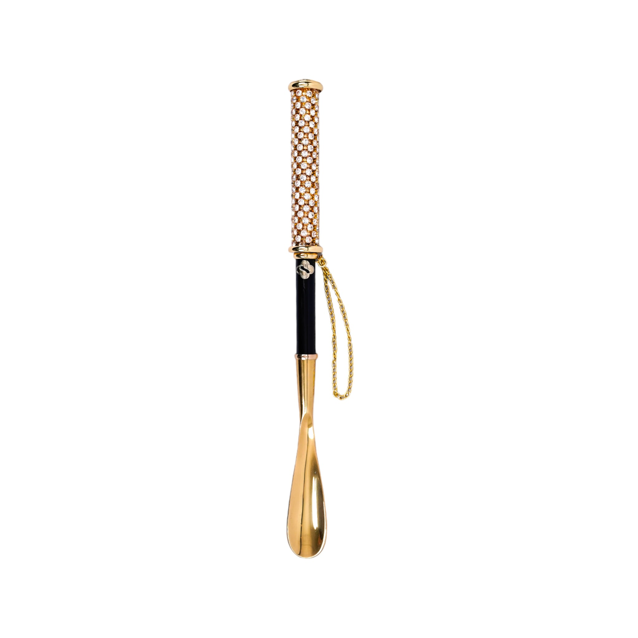 Italian 24K gold shoehorn with long handle and rhinestones, luxury shoe horn by Ilmarchesato for easy shoe fitting.