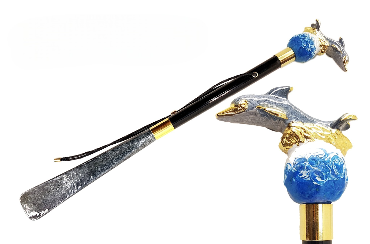 Italian Shoehorn – Elegant Long Handled Luxury Shoehorn with Enameled Dolphin Handle