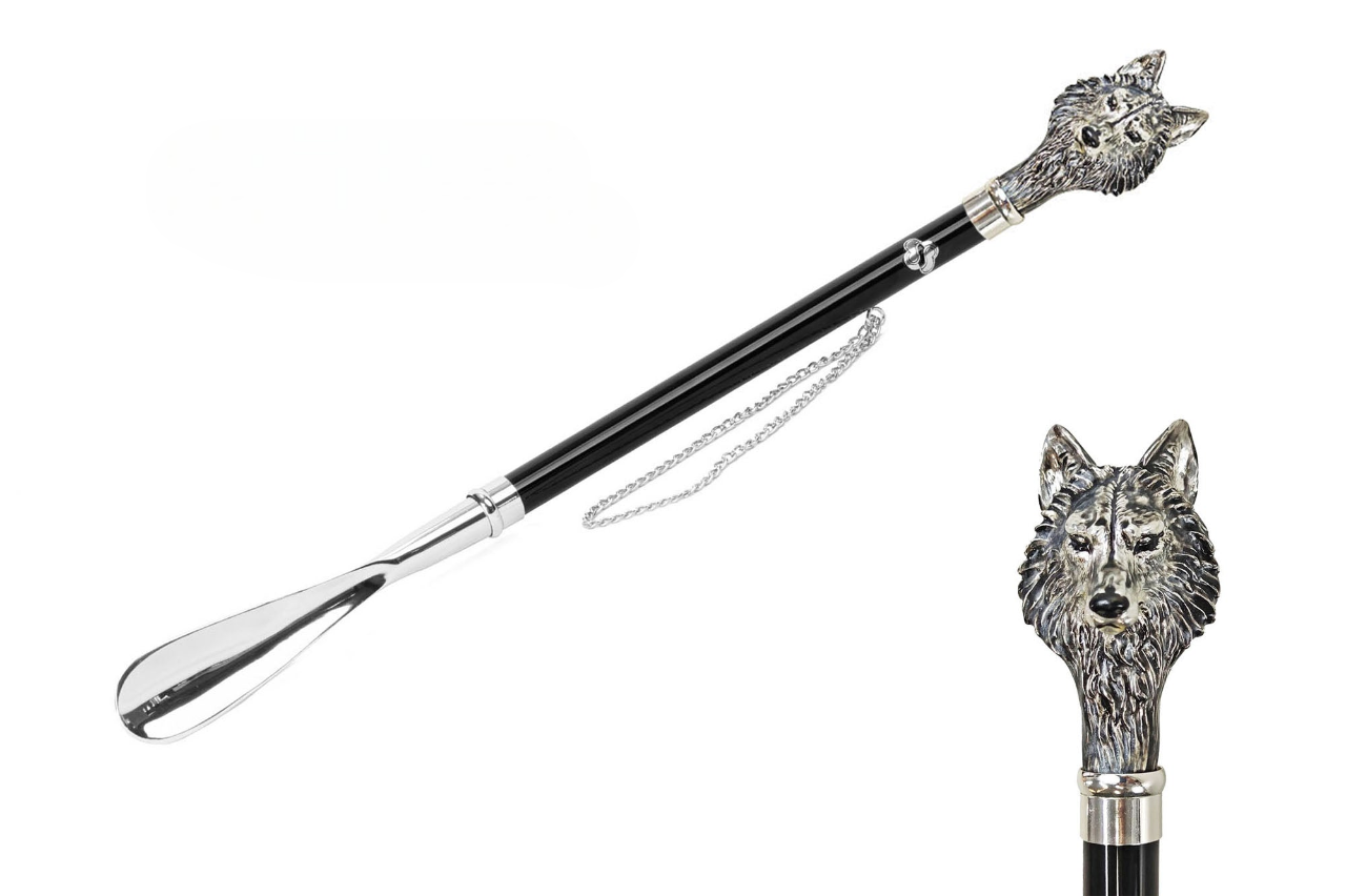 Hand-Enameled Shoehorn – Silver Plated Wolf Design | Italian Long Handled Gift Box