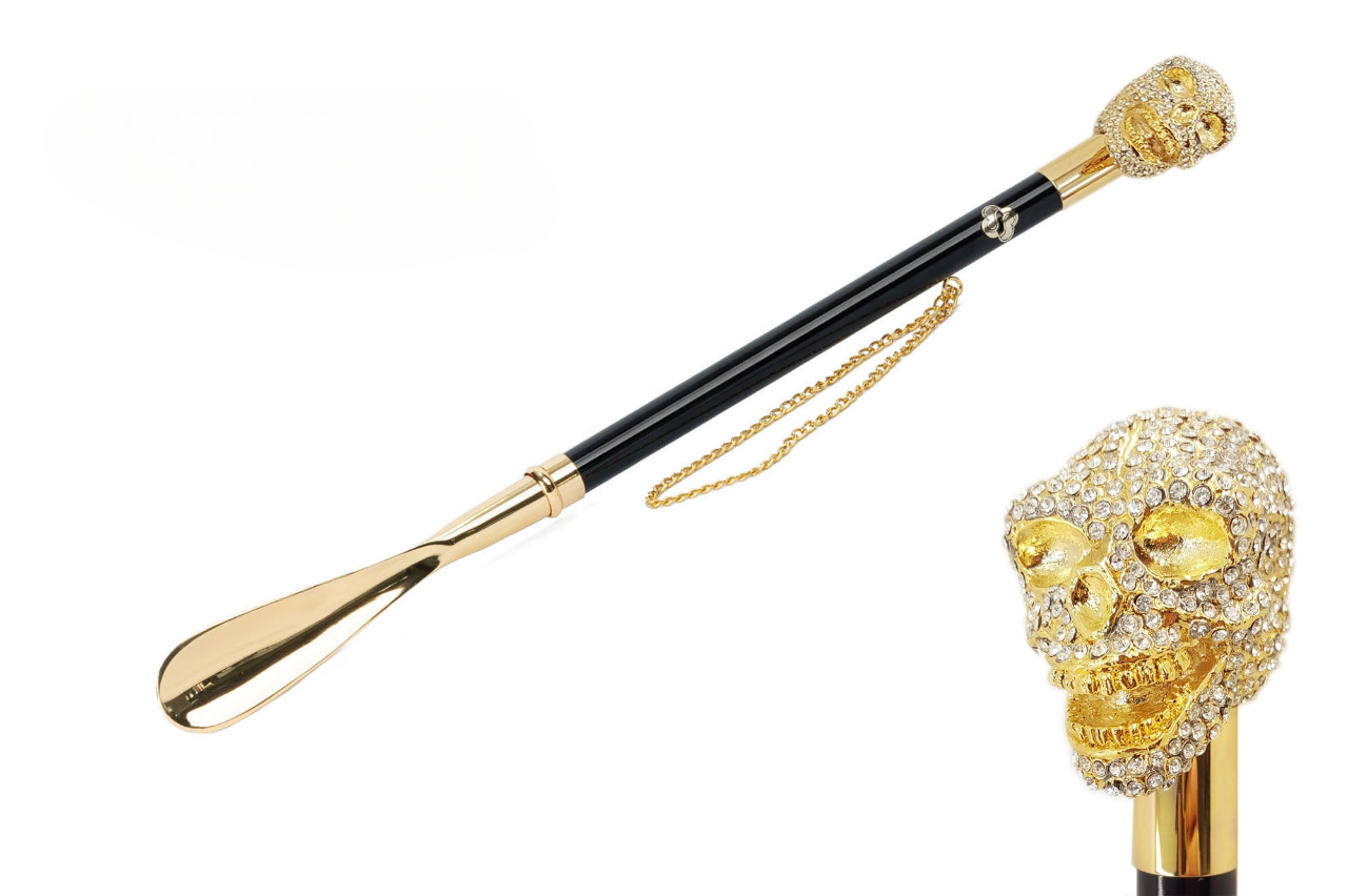 24K Gold Shoehorn – Luxury Handmade Italian Skull Design with Crystals, 53 cm
