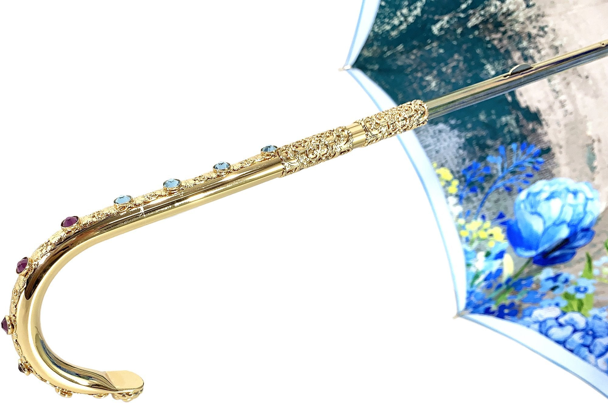 Luxury Peacock Umbrella – Italian Handmade Satin Canopy with 24K Gold Handle