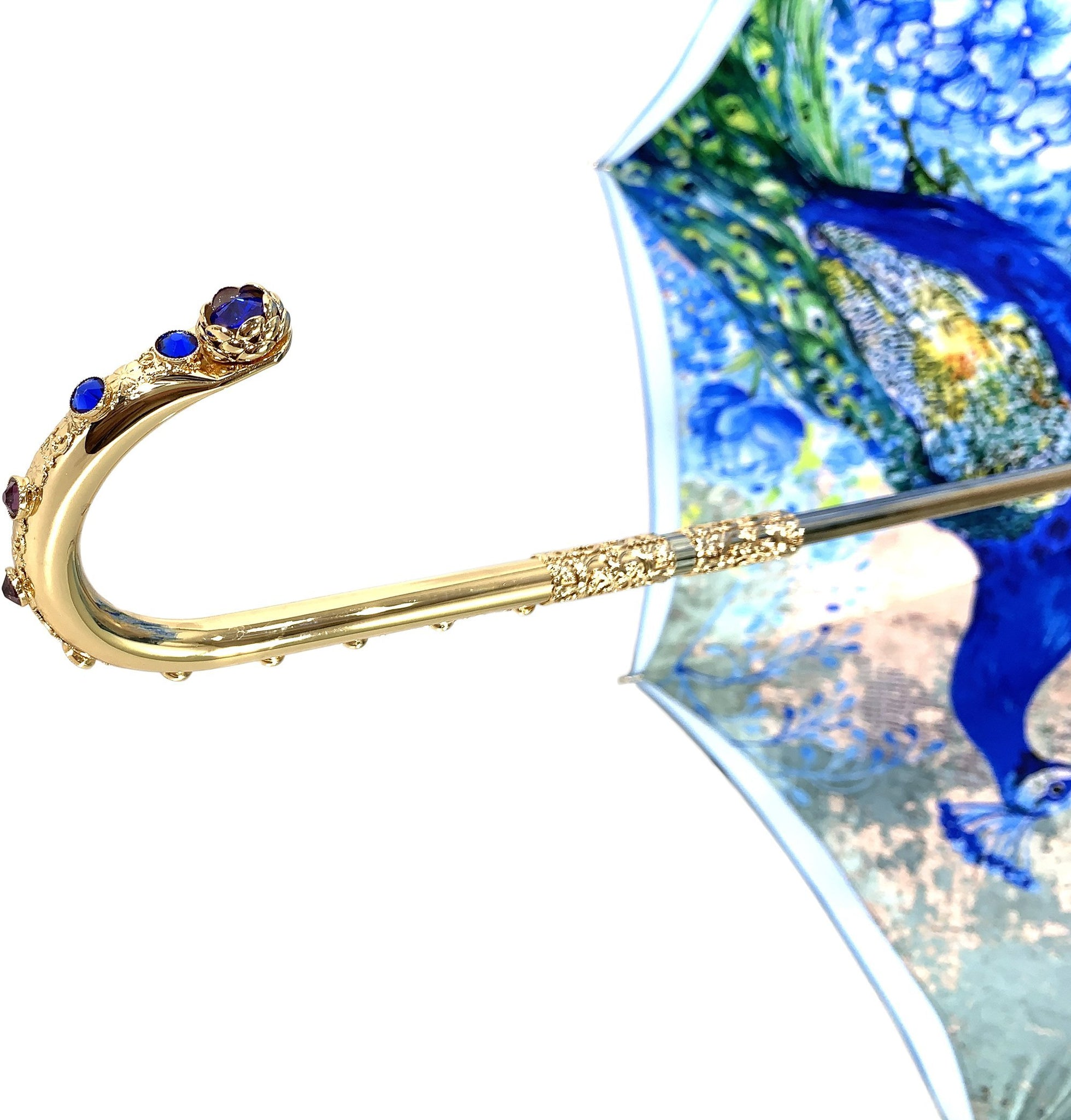 Luxury Peacock Umbrella – Italian Handmade Satin Canopy with 24K Gold Handle