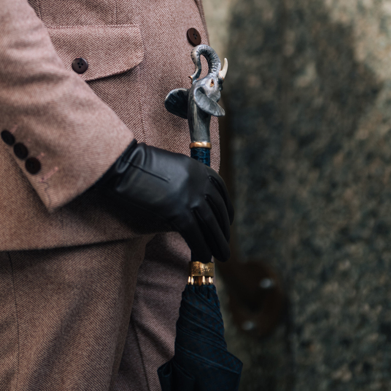 Handmade Italian elephant-shaped rain umbrella with enameled brass handle, ideal for men by Pasotti.
