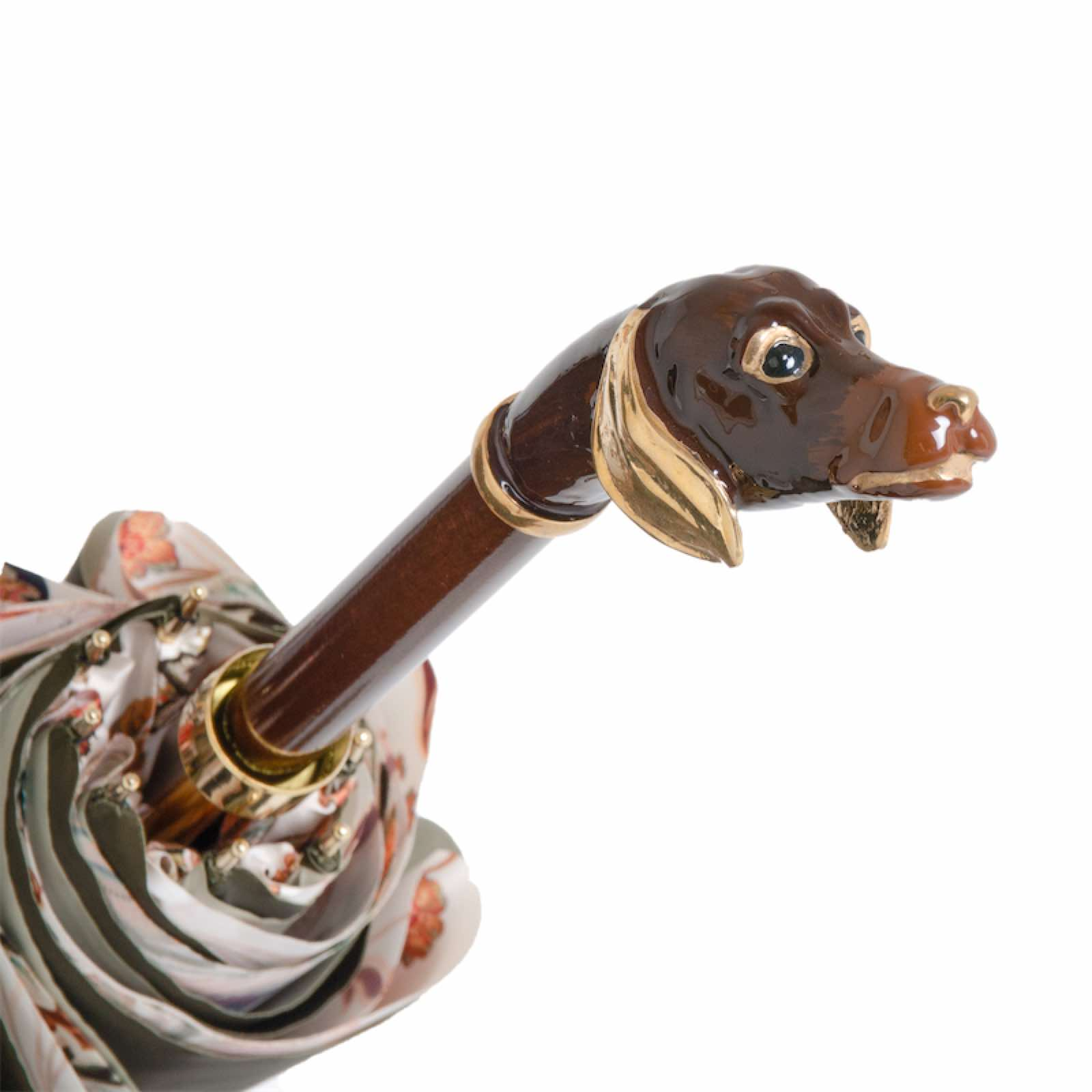 Pasotti Dachshund handle rain umbrella with handcrafted Italian green canopy and enameled brass handle, perfect for rainy weather.