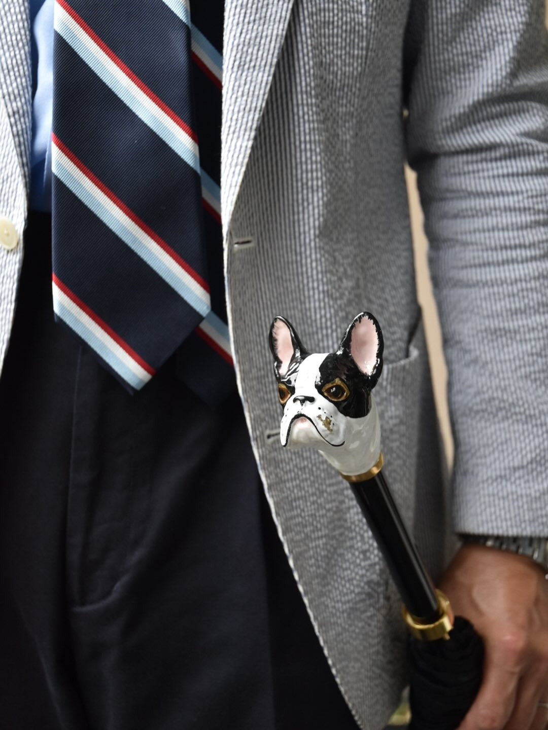 Handmade Italian luxury French Bulldog umbrella for men by Pasotti, with enameled brass handle and stylish rain protection.