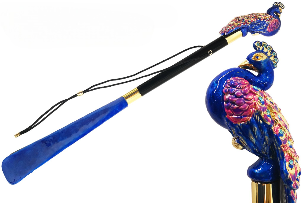 Elegant Shoehorn – Handcrafted Long Handle with Peacock Enamelled Design & Swarovski Accent