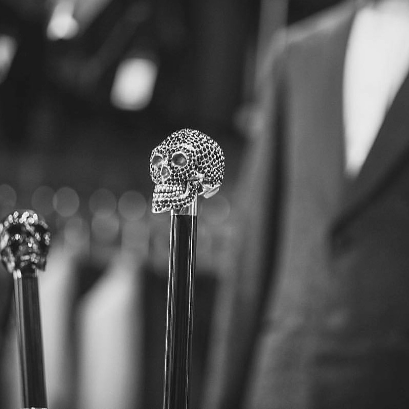 Luxury Walking Cane – Black Swarovski Skull Handle, Handmade Italian Designer Stick