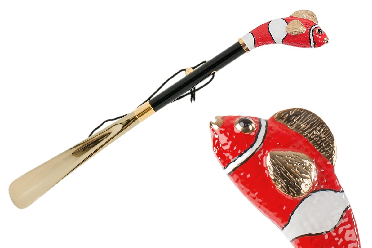 Red Fish Shoehorn – Handmade Italian Shoe Horn with Enameled Brass Handle & Wood Shaft