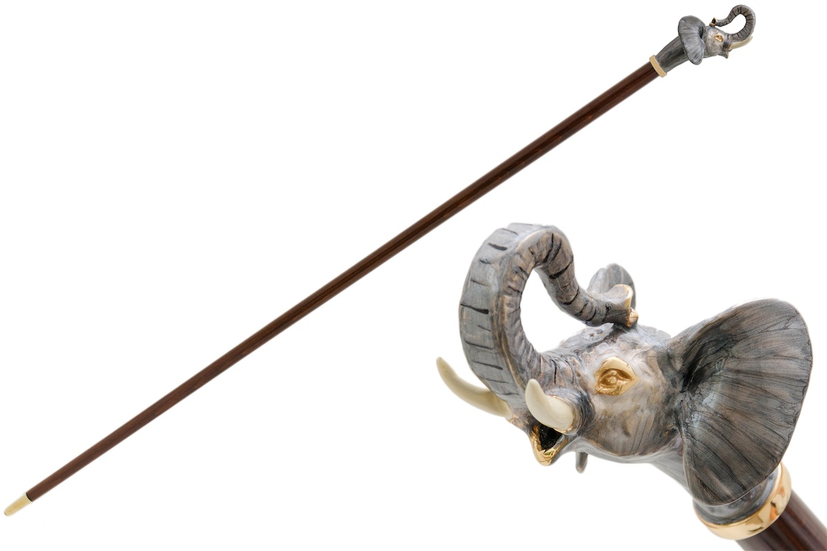 Luxury Walking Cane – Handmade Italian Wooden Cane with Enameled Brass Elephant Head Handle