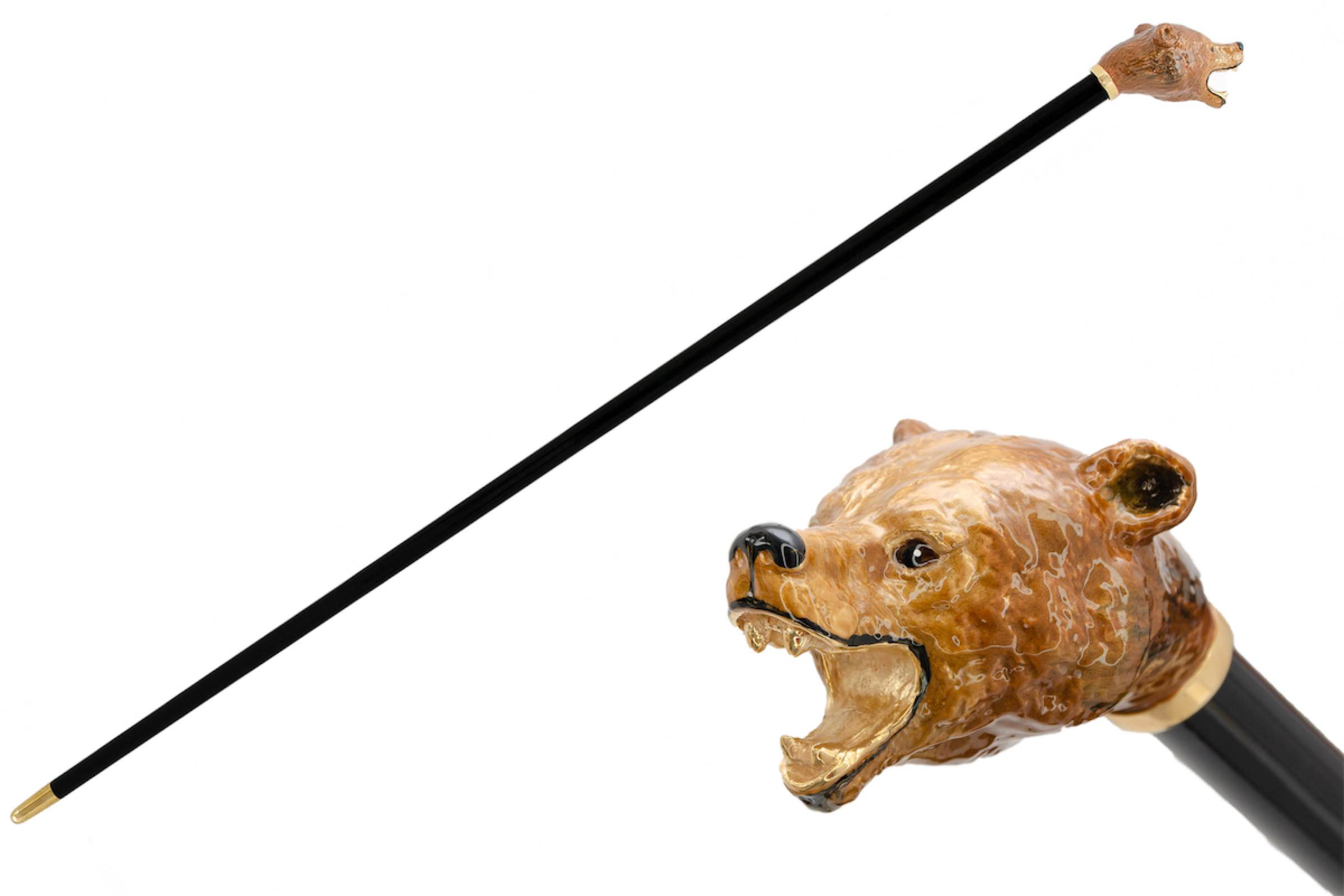 Luxury Walking Cane – Handmade Brown Bear Cane with Enameled Brass Handle & Polished Wood Shaft