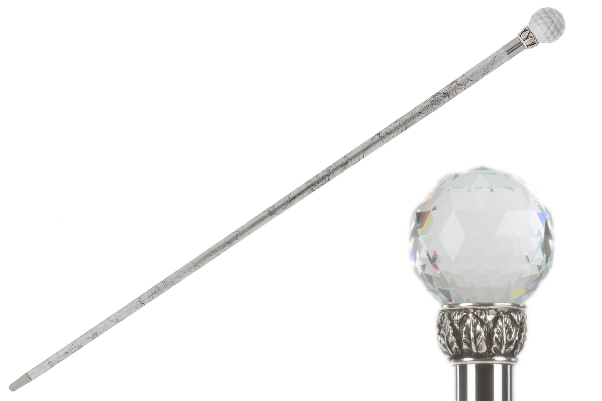 Luxury Walking Cane – Handmade Crystal Ball Handle with Silver Shaft, Brass Tip