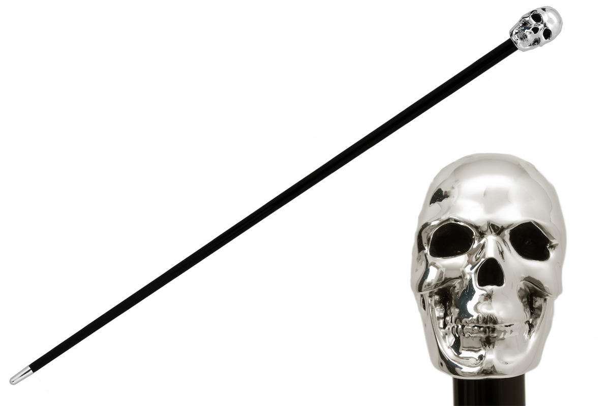 Silver Skull Walking Cane - Luxury Handmade Designer Cane with Polished Wood Shaft