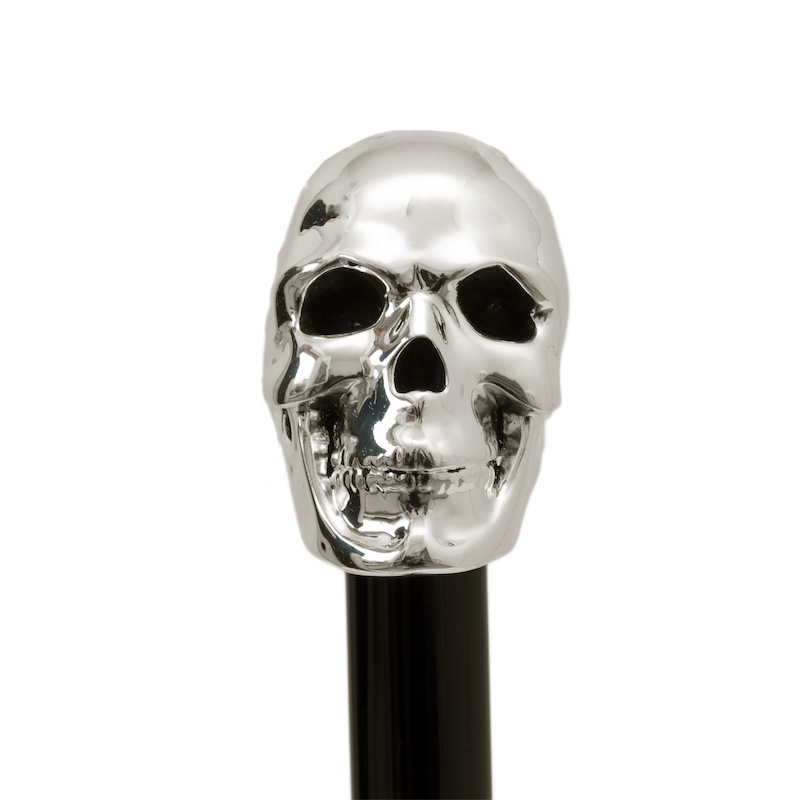 Silver Skull Walking Cane - Luxury Handmade Designer Cane with Polished Wood Shaft