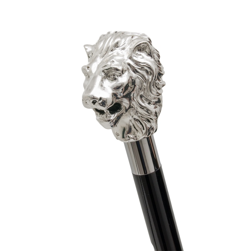 Luxury Walking Cane - Handmade Silver Lion Cane with Polished Wood Shaft & Brass End