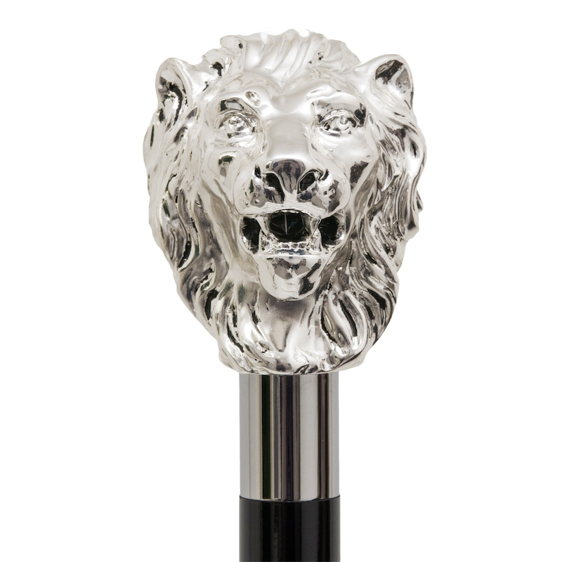 Luxury Walking Cane - Handmade Silver Lion Cane with Polished Wood Shaft & Brass End