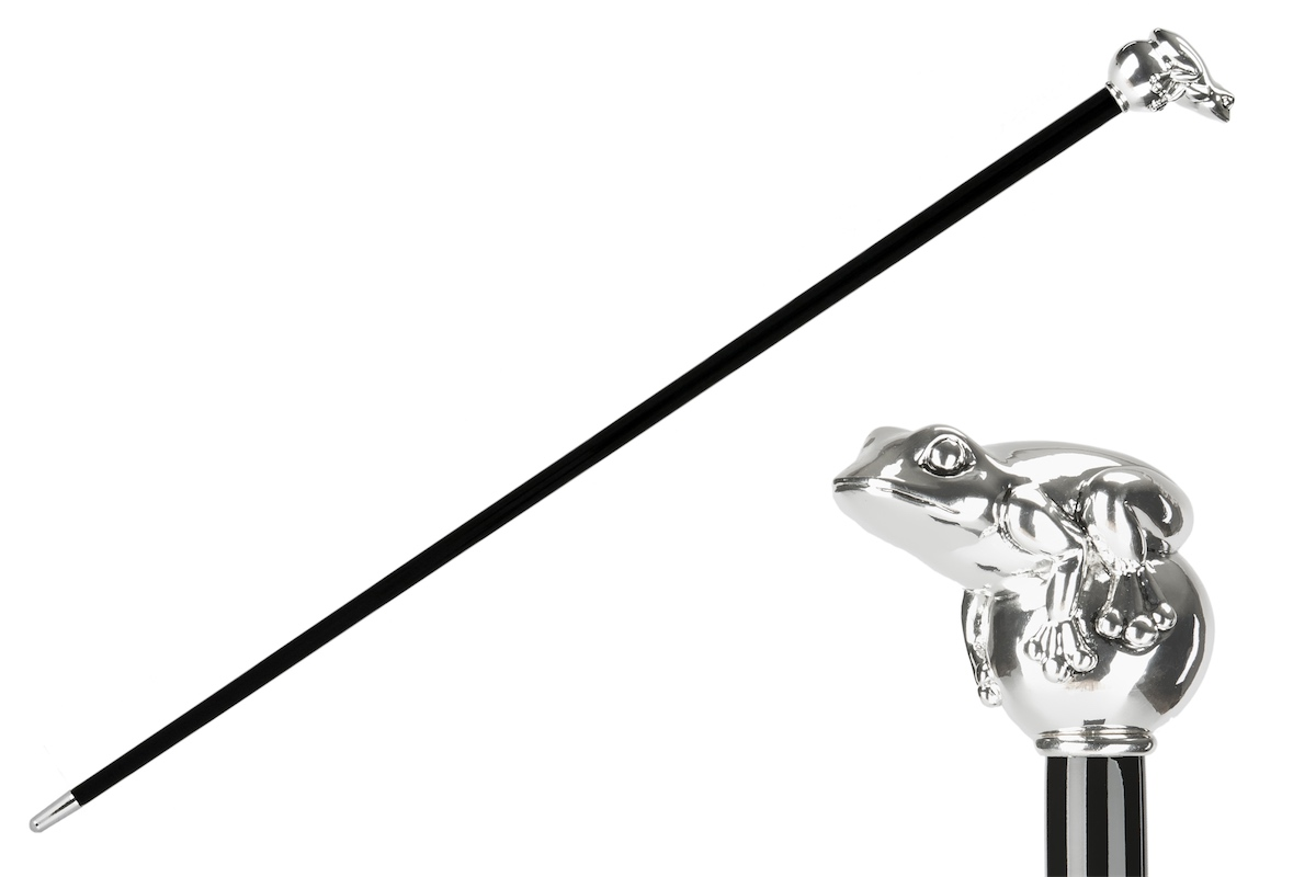 Silver Frog Walking Cane - Handmade Luxury Cane with Polished Wood Shaft & Silver-Plated Handle