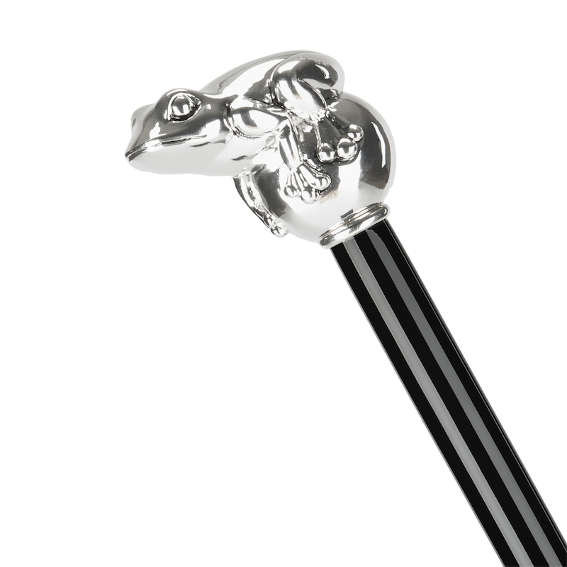 Silver Frog Walking Cane - Handmade Luxury Cane with Polished Wood Shaft & Silver-Plated Handle