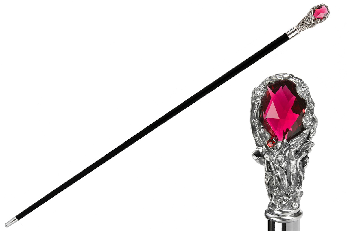 Luxury Walking Cane – Red Gem Artisan Cane with Crystal Brass Handle & Polished Wood Shaft