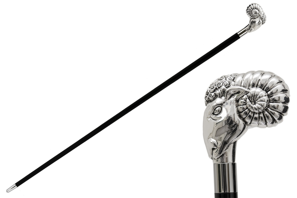 Silver Ram Walking Cane - Handmade Luxury Cane with Silver-Plated Handle & Polished Wood Shaft