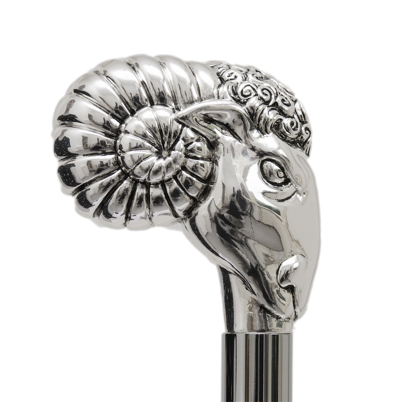 Silver Ram Walking Cane - Handmade Luxury Cane with Silver-Plated Handle & Polished Wood Shaft