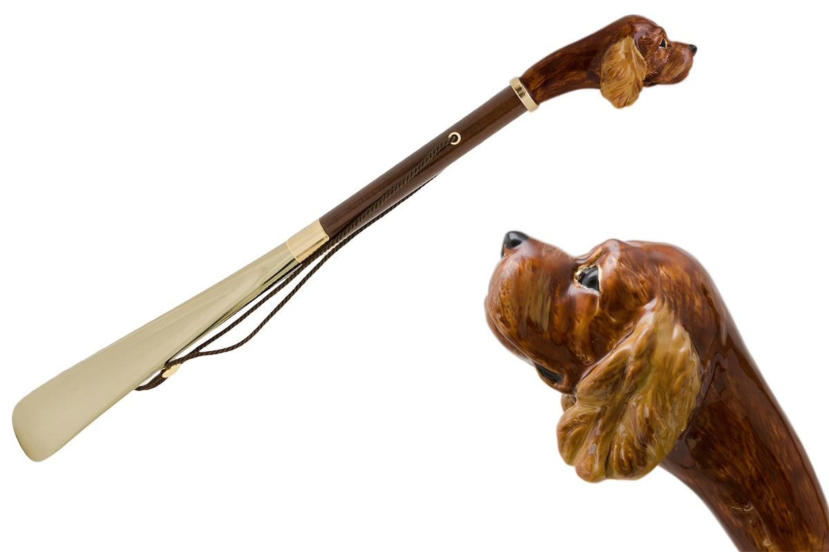 Cocker Spaniel Shoehorn – Handmade Italian Brass Dog Handle, Polished Wood Shaft