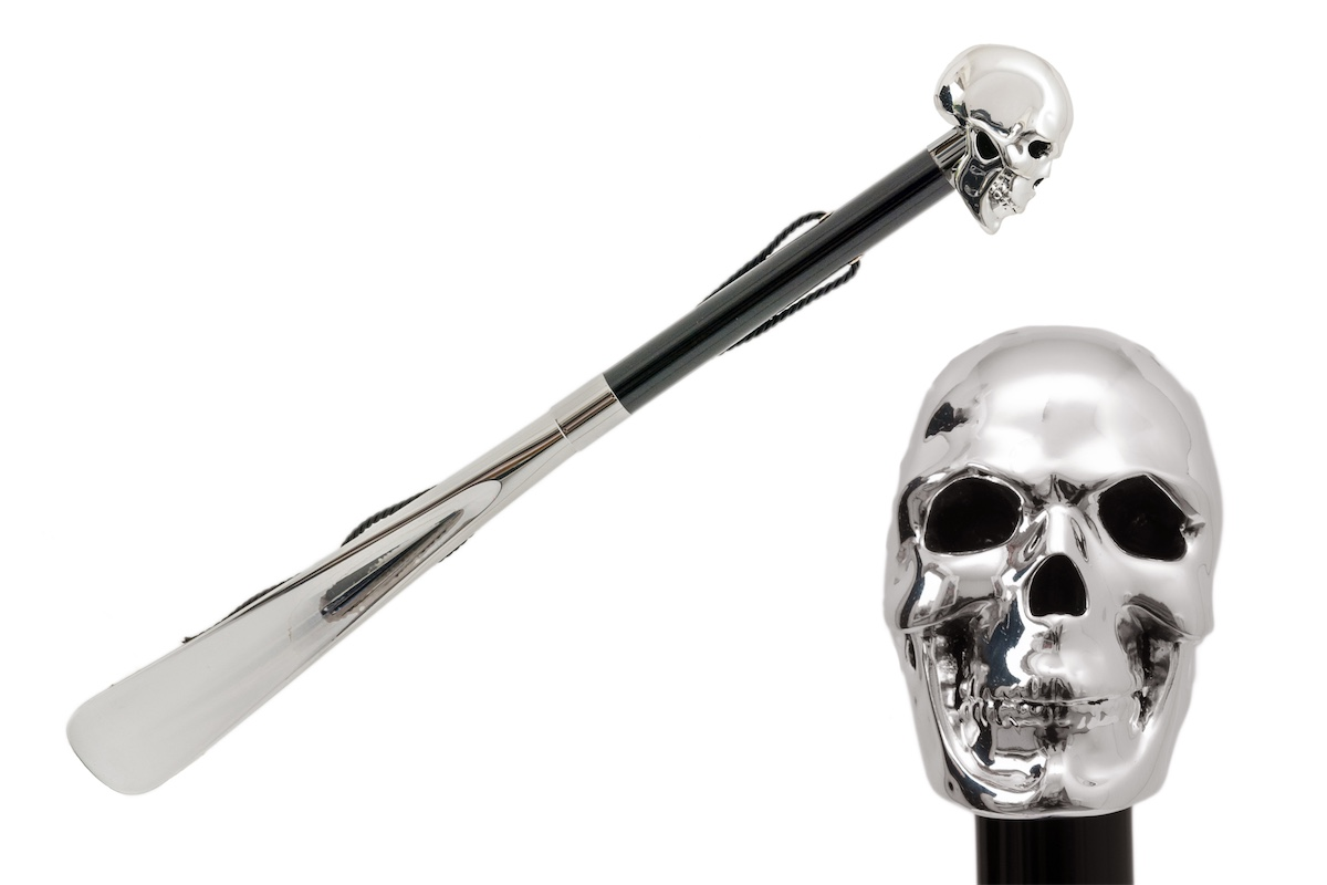 Silver Skull Shoehorn – Handcrafted Italian Long Handled Resin Handle Tool