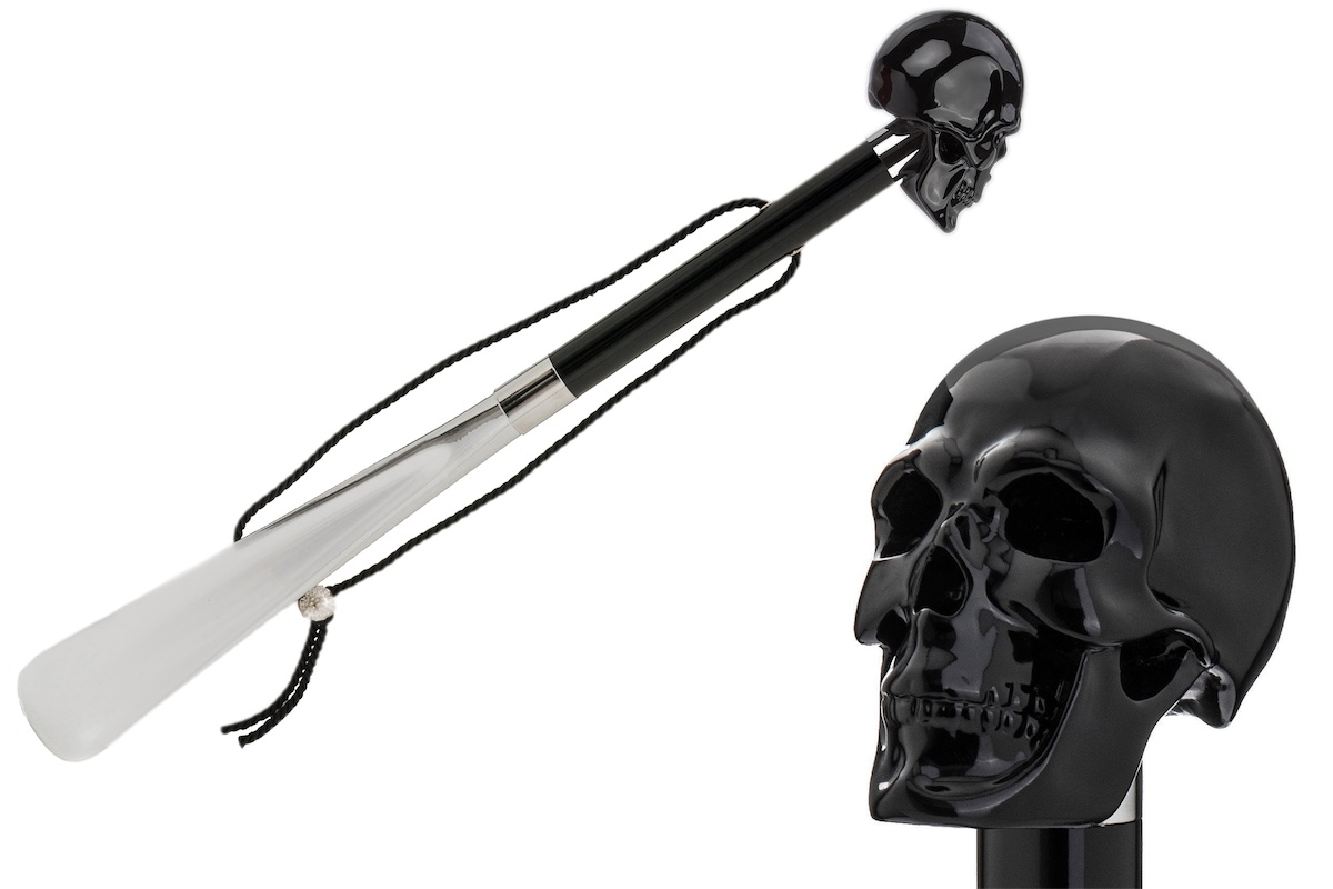 Black Skull Shoehorn – Handmade Luxury Long Handled Shoe Horn With Wood Shaft