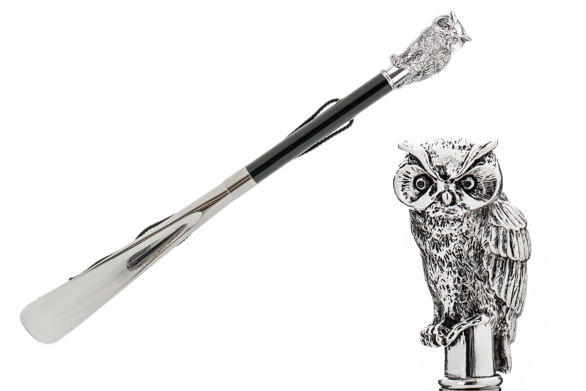 Silver Owl Shoehorn – Handmade Italian Long Handled Wood Shaft Accessory