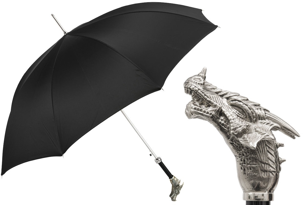 Handmade Italian luxury men's umbrella with silver dragon handle, featuring intricate design and elegant craftsmanship by Pasotti.