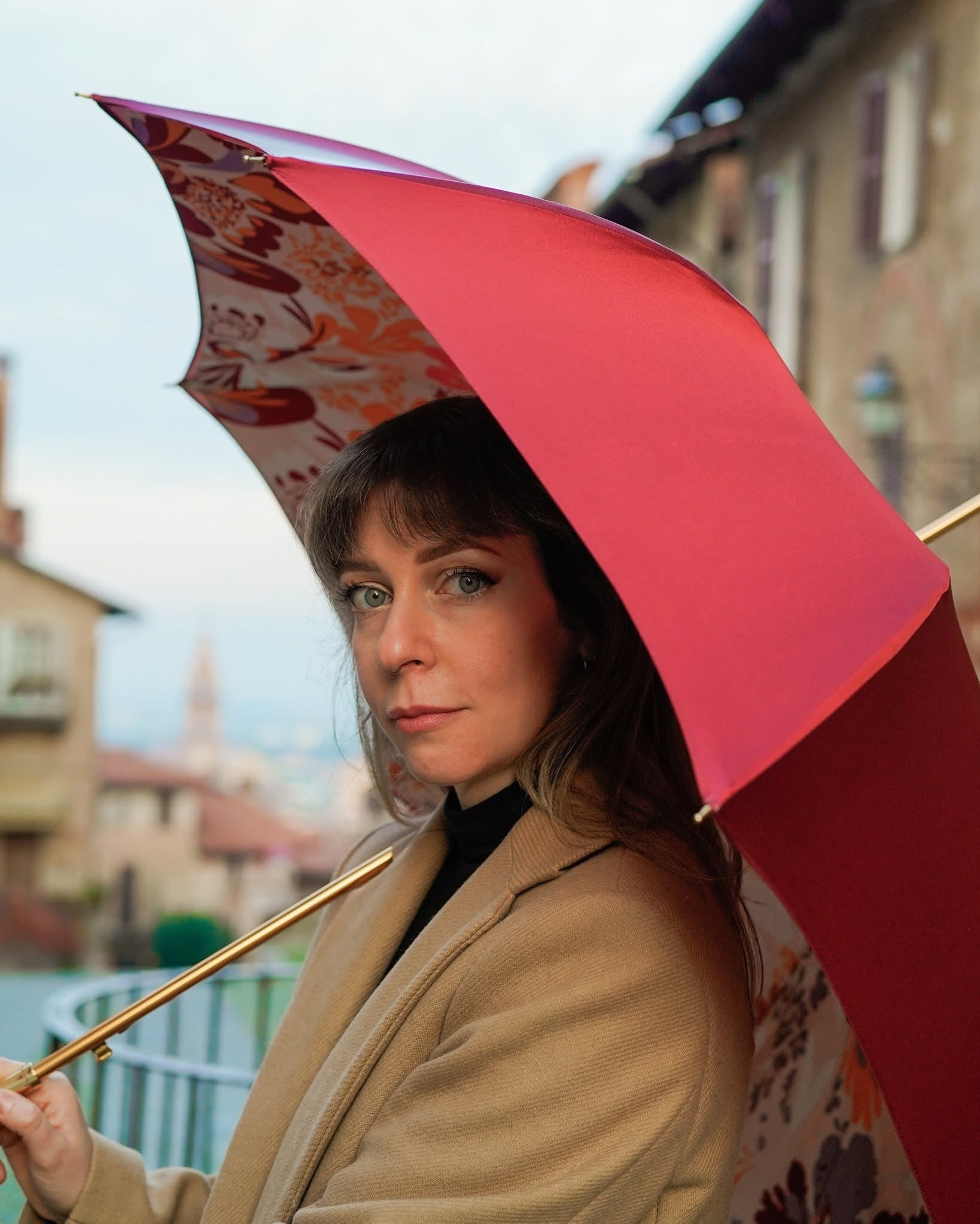 Hand-painted floral luxury rain umbrella with 24K gold handle and satin canopy by Ilmarchesato, Italian handmade umbrella.