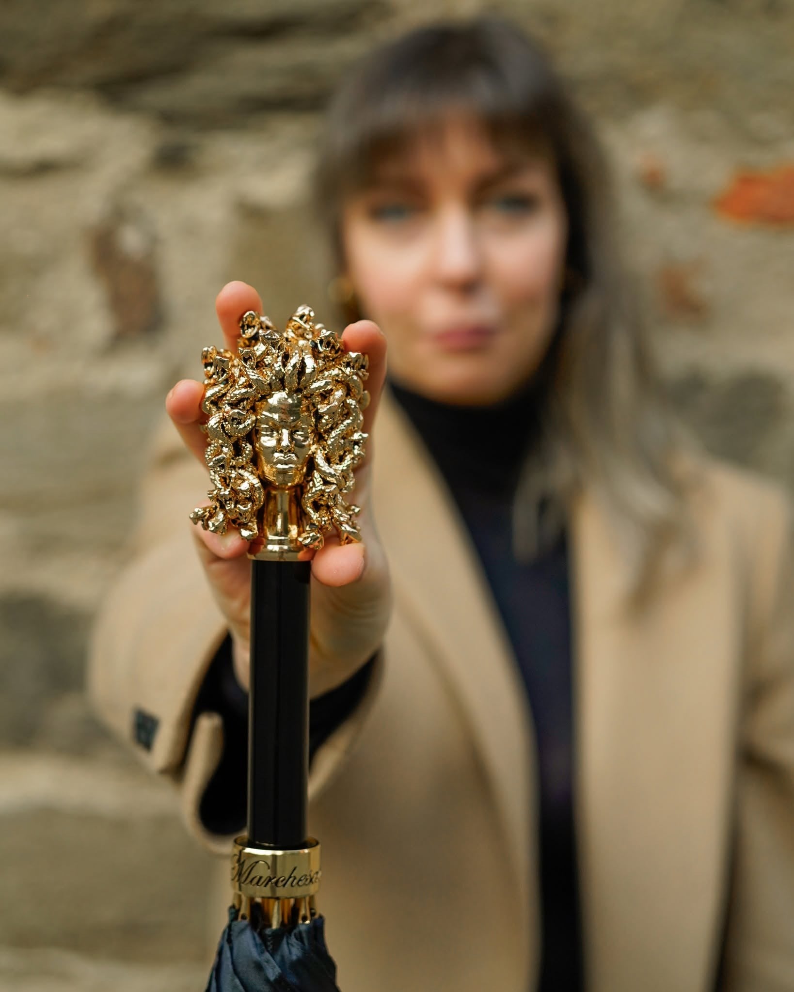 Hand-painted satin rain umbrella with Medusa handle, 24K gold accents, Italian craftsmanship by Ilmarchesato