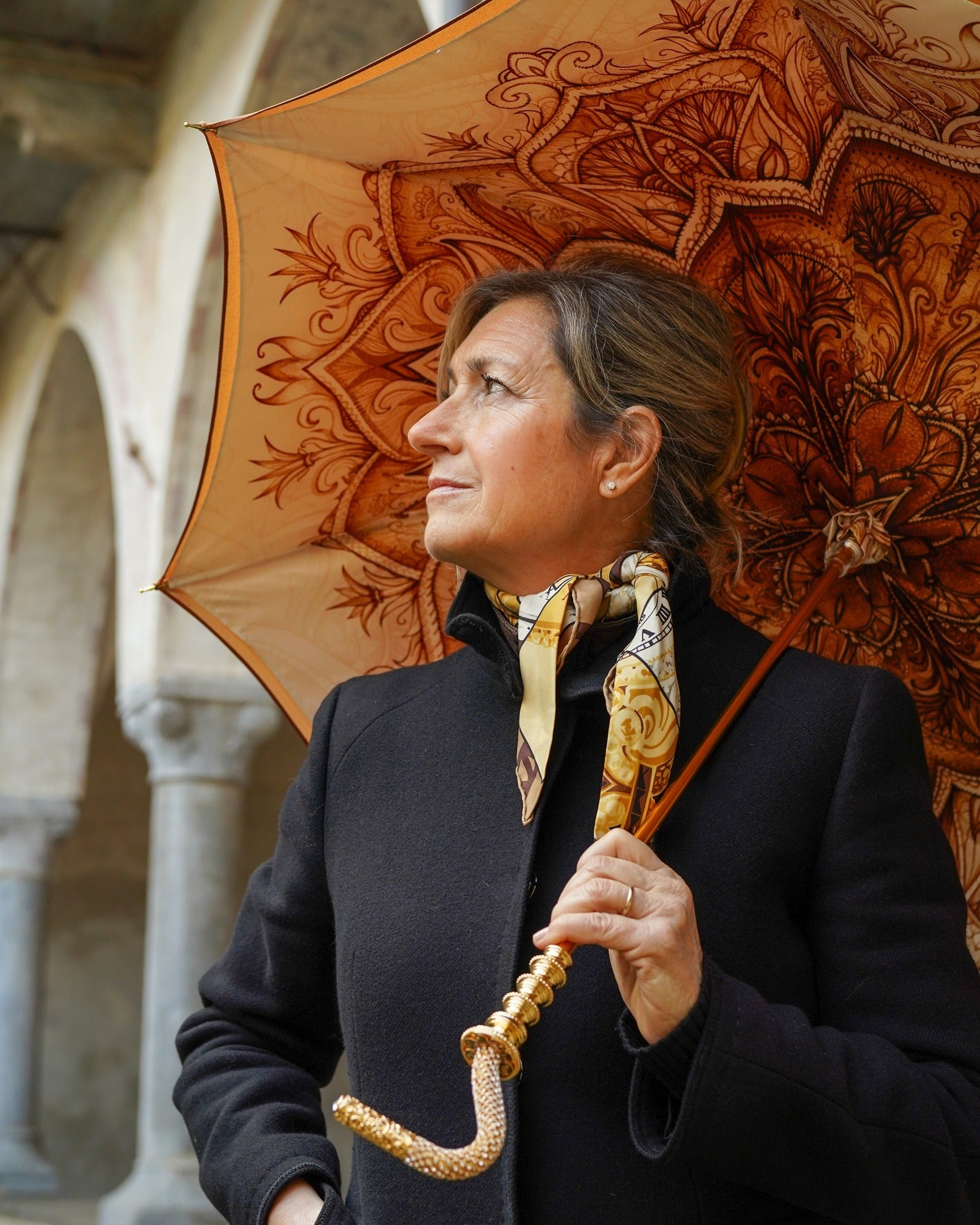 Handmade luxury women's rain umbrella with gold plated handle, classic design, waterproof fabric, and elegant style by Ilmarchesato.