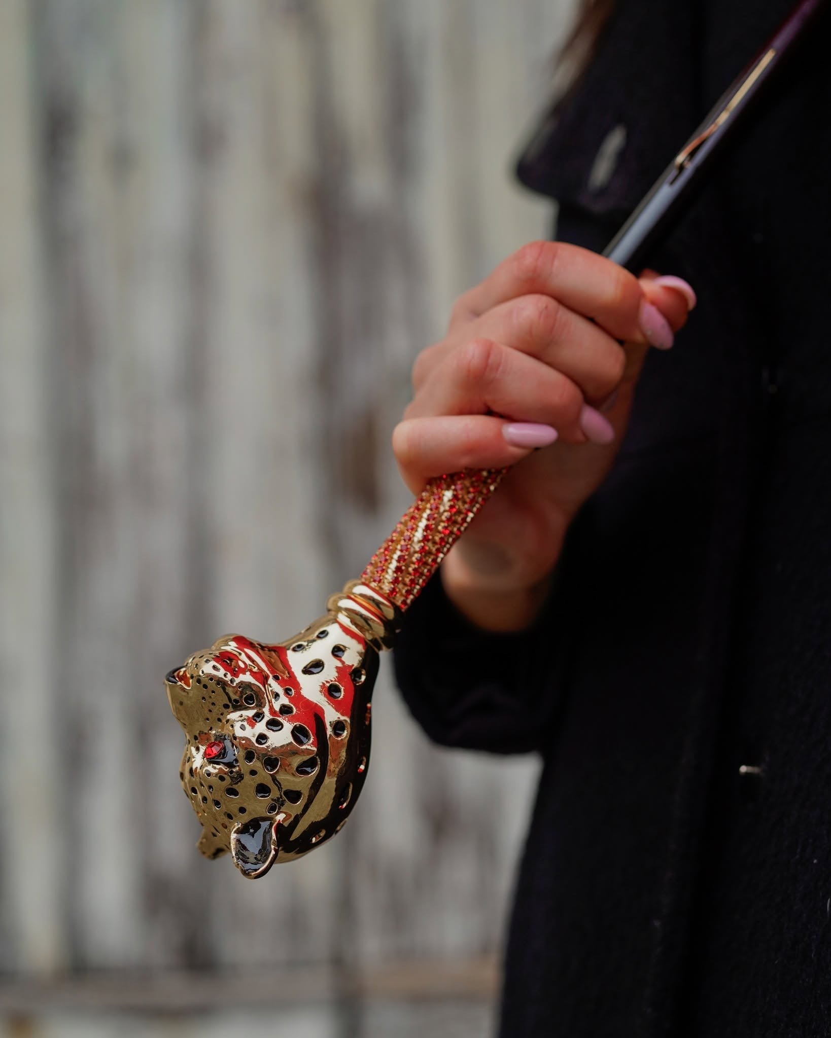 Ilmarchesato designer red rain umbrella with jeweled panther handle, limited edition luxury rain umbrella, stylish and elegant.