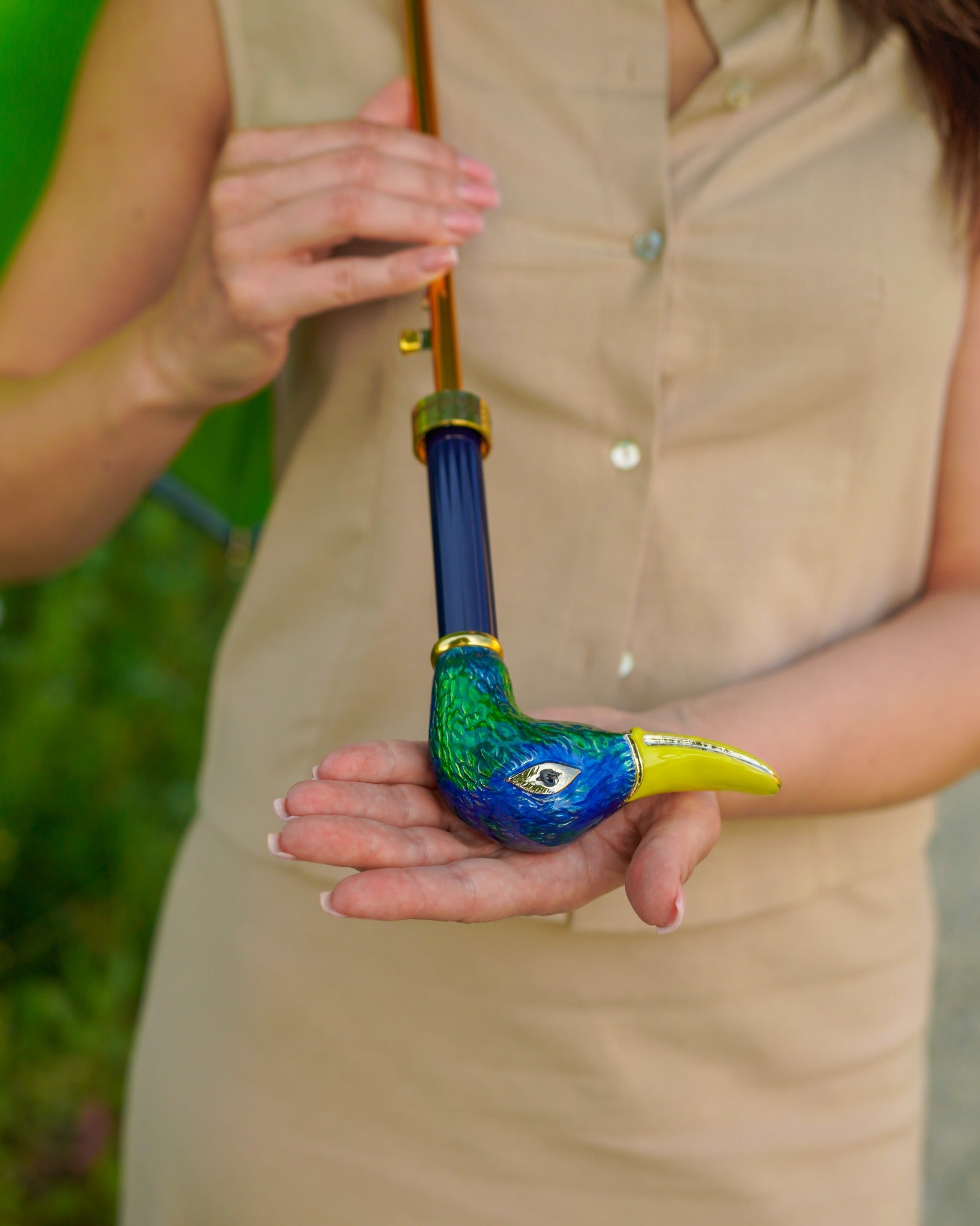 Hand-enameled duck rain umbrella by Ilmarchesato with satin canopy and 24K gold handle, stylish luxury rain umbrella.