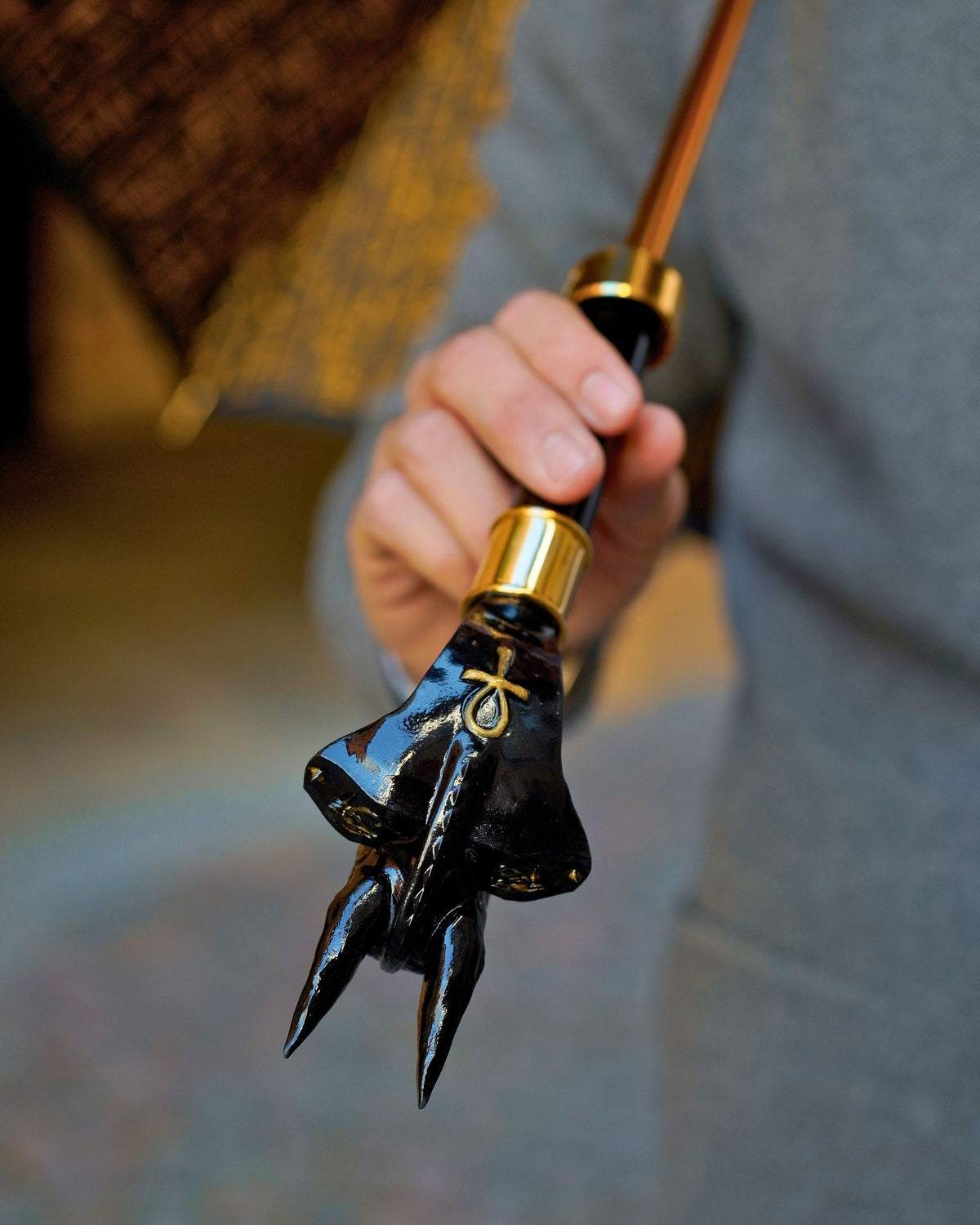 luxury black umbrella with wooden shaft