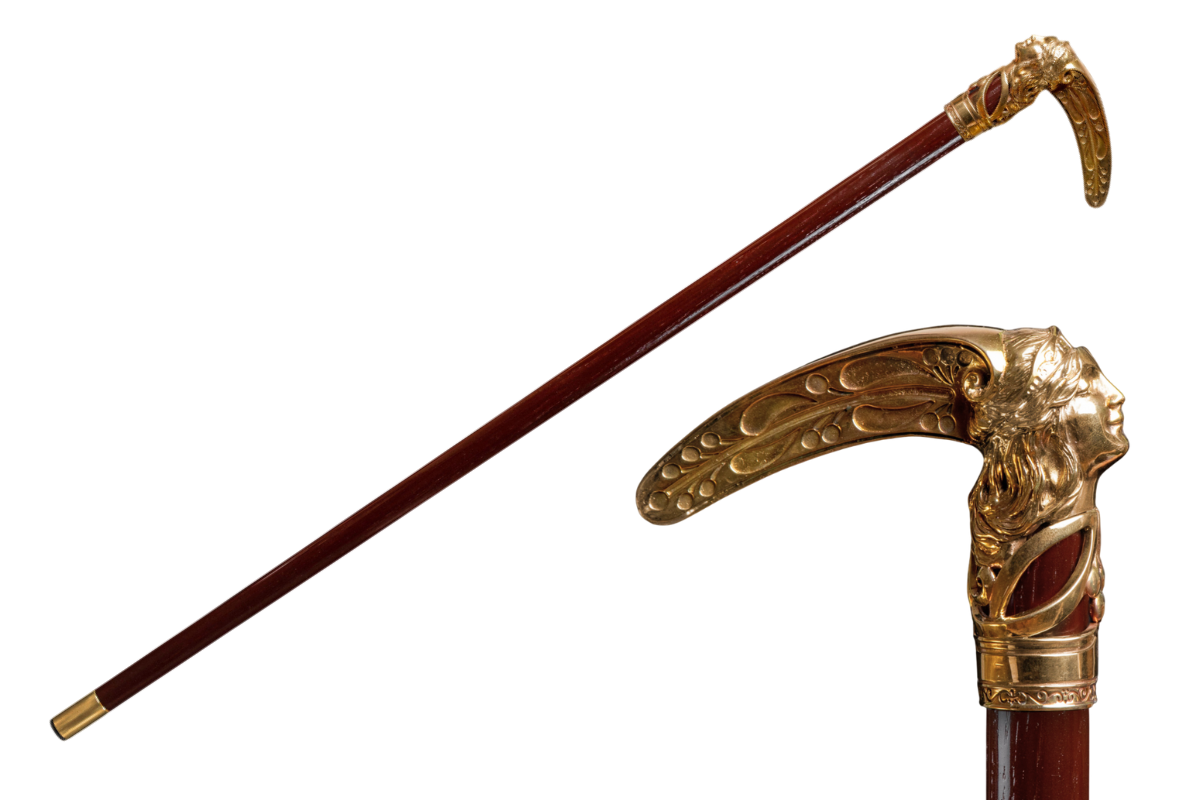 Art Nouveau Nature’s Queen walking cane by ARTWalkingSticks featuring intricate floral design and polished wooden handle for men.