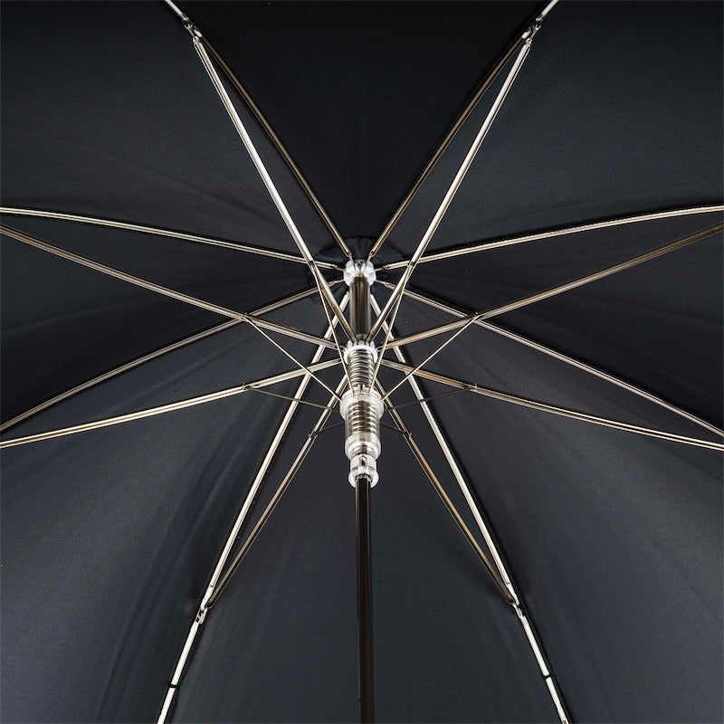 Handmade Italian luxury men's umbrella with silver dragon handle, stylish and elegant for sophisticated outdoor use.