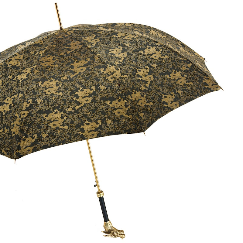 Modern Pasotti golden dragon umbrella with a brass handle, showcasing Italian design elegance for men.