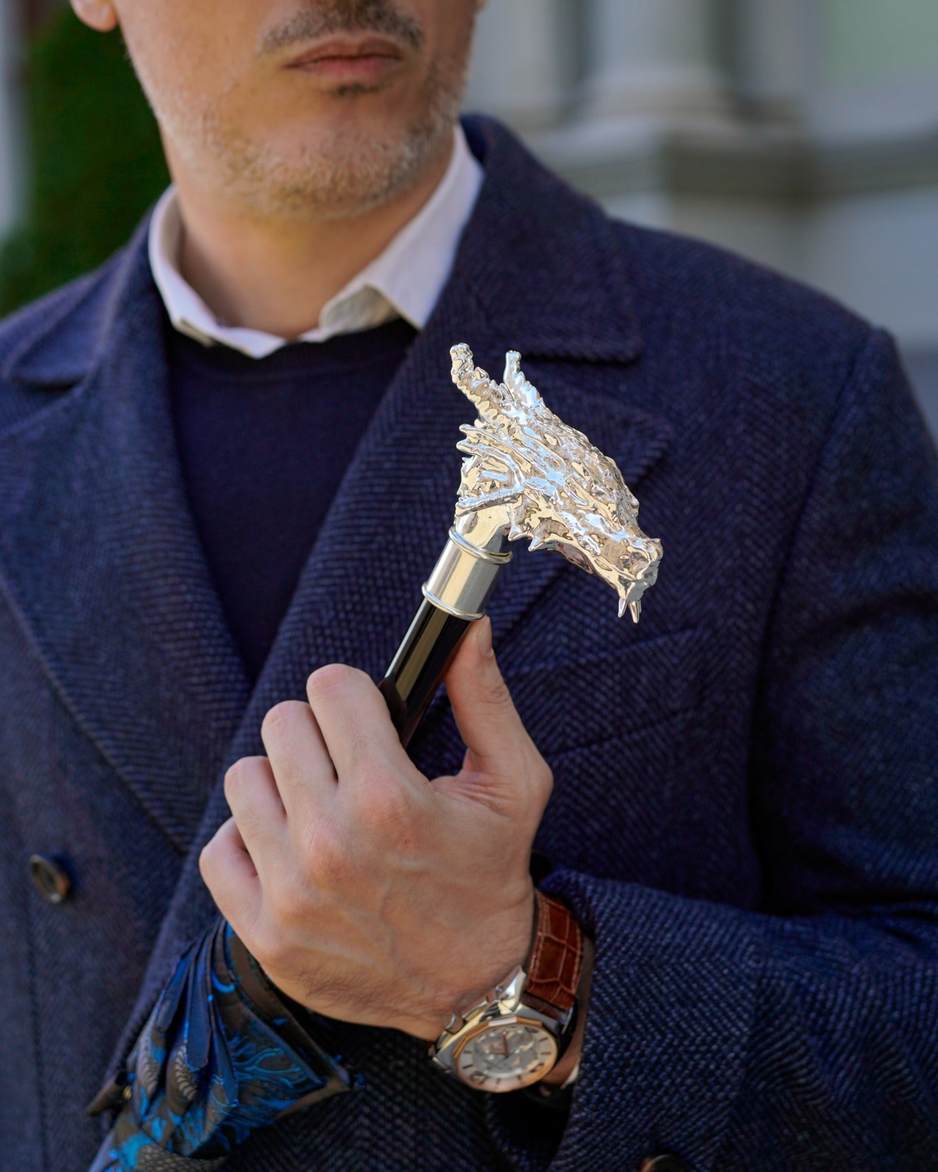 Luxury Dragon Umbrella for men by Ilmarchesato with a modern design and carbon fiber structure, handcrafted for a stylish look.