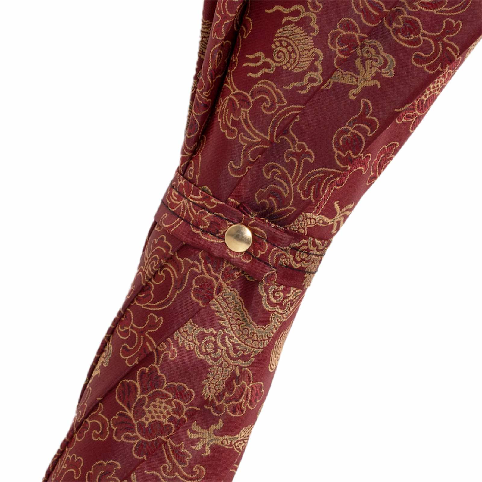 Pasotti Golden Dragons burgundy umbrella featuring a luxurious brass handle and elegant Italian craftsmanship.