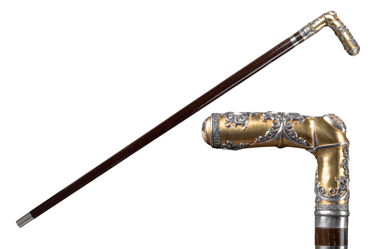 Antique fancy presentation walking cane with intricate design, crafted by ARTWalkingSticks, featuring a polished wooden handle and decorative details.