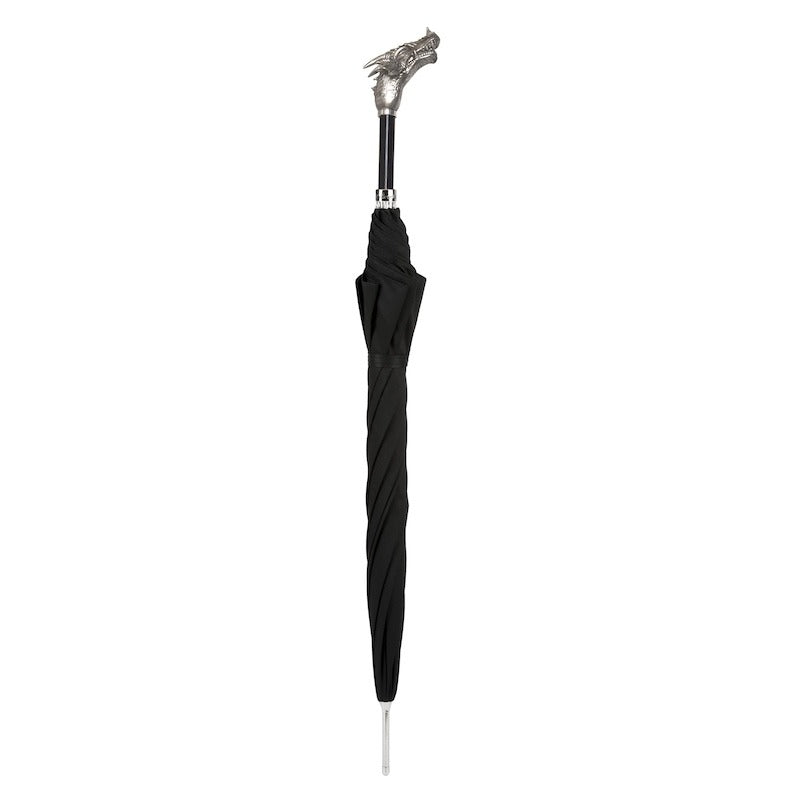 Elegant black men's umbrella by Pasotti with a silver dragon handle, showcasing sophisticated craftsmanship and luxurious design.