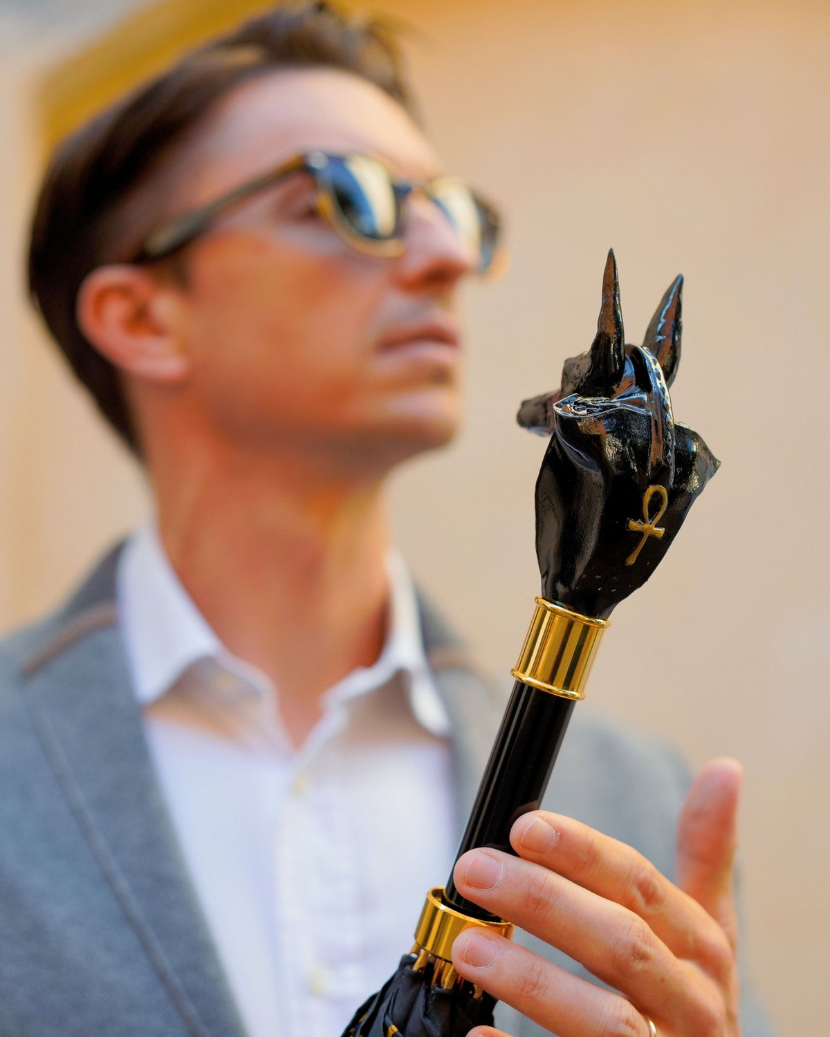 statement umbrella with sculptural handle