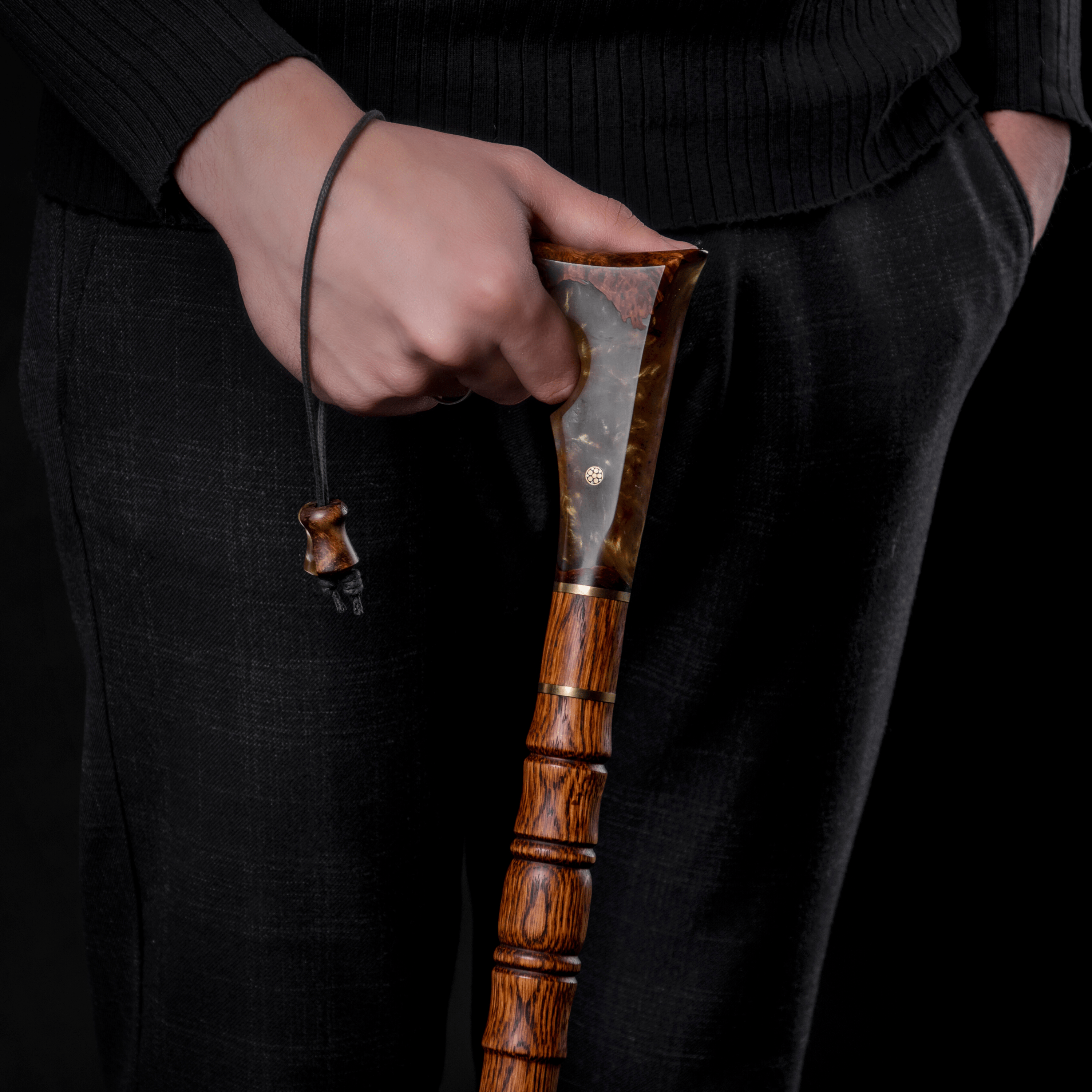 Handmade JUPITER walking cane with strap from ARTWalkingSticks, featuring a stylish design and comfortable grip for mobility aid.