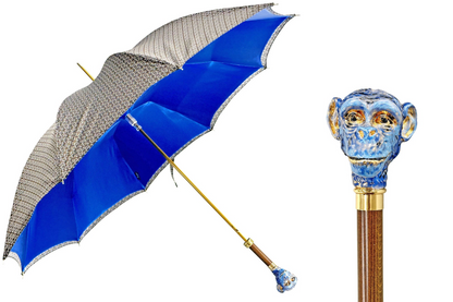 Italian handmade men's umbrella with 24K gold-plated enameled monkey handle, featuring elegant craftsmanship and vibrant design.