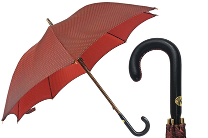 Men's Leather Umbrella – Classic Handmade Italian Rain Umbrella with Red Jacquard Canopy